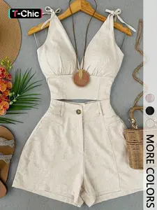 Women's Spring Summer Vintage Vacation Two-Piece Set, Halter Tie Top V-Neck Cinched Waist Tankini, High-Waisted Wide Leg Shorts, Tankini With Shorts