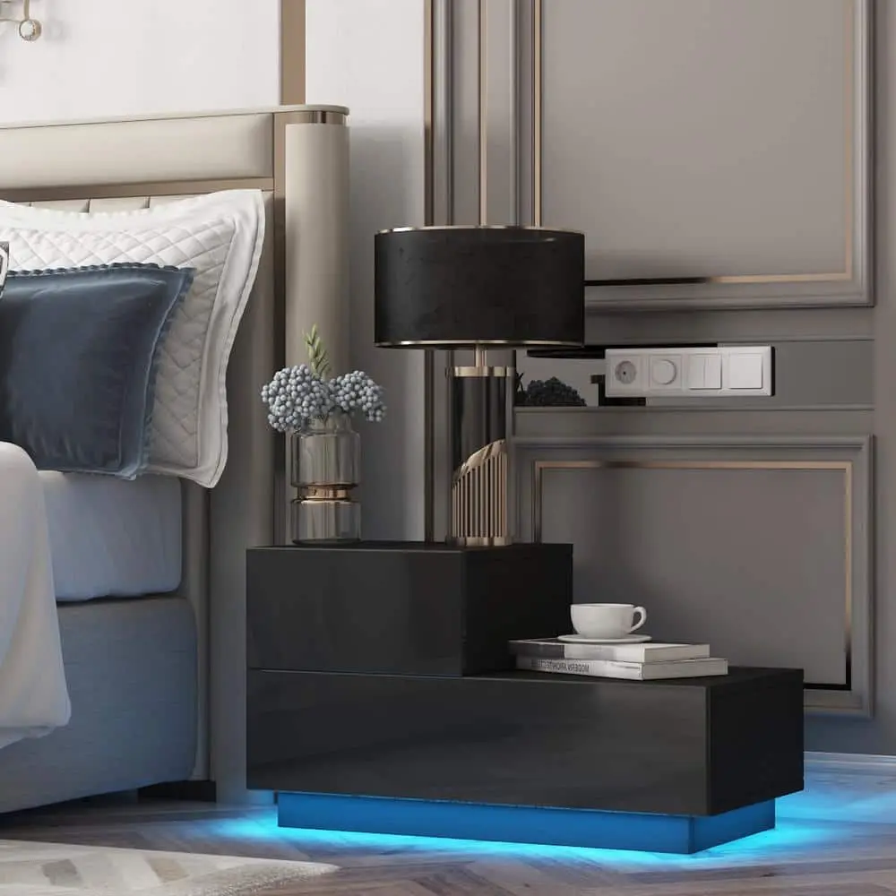 High Glossy L-Shape Nightstand with LED Light and 2 Drawers - Sleek Traditional Design for Modern Aesthetics & Practical Storage