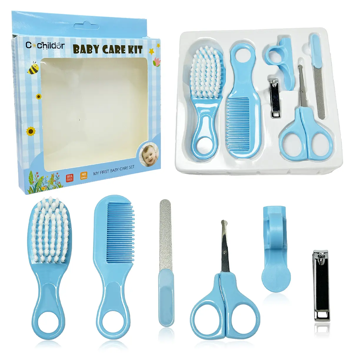 Cochildor 6Pcs Safe Newborn Grooming Health Care Set for 0-3M Unisex Infants, Round Edge Nail Clippers Scissors, Soft Hair Brush & Comb, Nail File, Portable Travel Baby Shower Gift(Pink, Blue), Newborn Baby, Small, Compact Set, Kit Pack, Safety Care, Chil
