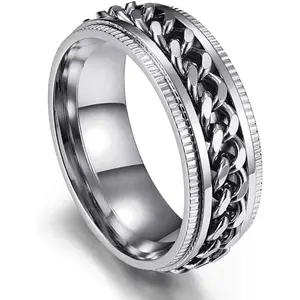 Anxiety Ring - Rings for Men Band Titanium Stainless Steel Center Cuban Chain Spinner Ring, Black Silver