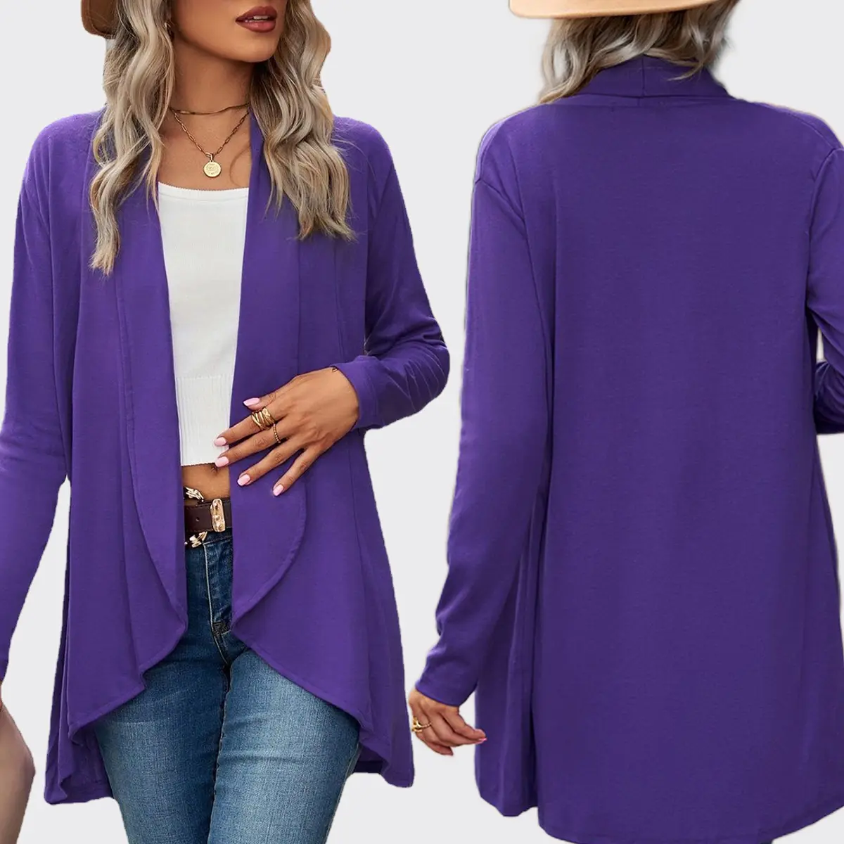Women's Loose Boyfriend Style V-Neck Open Front Cardigan Sweater - Ribbed Solid Fabric Longsleeve Knitwear with Asymmetrical Hem, Comfortable Twisted Knitting Coat for Everyday Wear