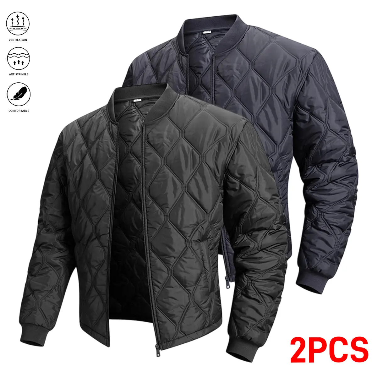Men's Diamond Quilted Bomber Jacket, Sporty Windproof Outerwear with Long Sleeves and Ribbed Cuffs for Autumn Winter Daily Wear