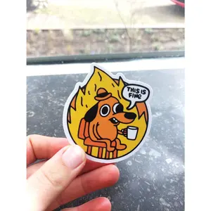this is fine stickers funny meme this is fine laptop sticker water bottle one piece sticker vinyl fire funny mental i'm fine quote
