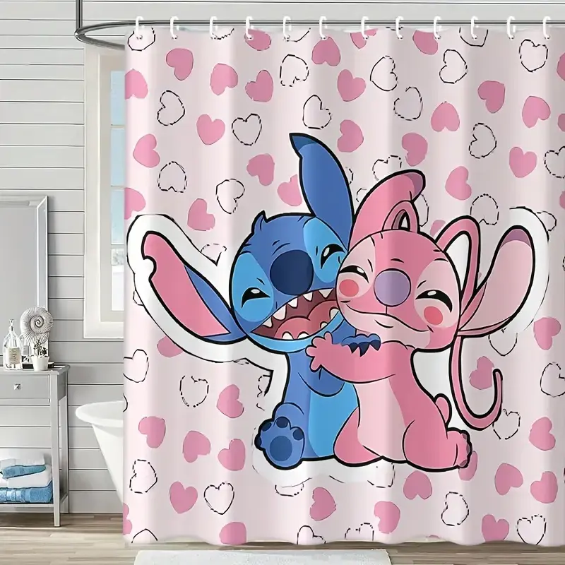 Disney Classic Stitch and Angel Cartoon Shower Curtain, Red Heart "Love" Design, Polyester Fabric with Digital Printing, Durable Waterproof Bathroom Accessory, Includes 12 Hooks for Easy Installation, Fabric Shower Curtains