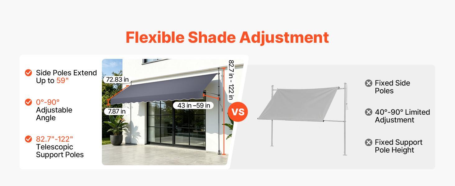 VEVOR Manual Retractable Awning, 157" Outdoor Retractable Patio Awning Sunshade Shelter, Height Adjustable Patio Door Window Canopy with Manual Crank Handle for Backyard, Garden, Balcony, Dark Gray