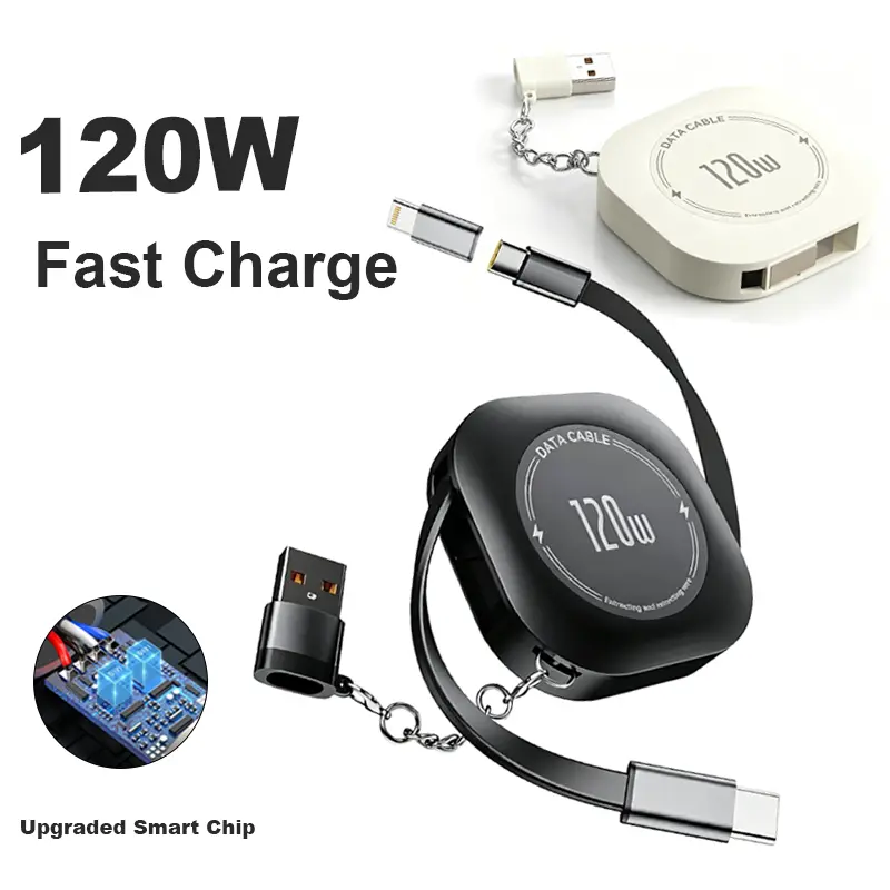 120W Super Fast Charging 4-in-1 Retractable Charger Cable with Abs Housing, Auto-Rewind, Tangle-Free Design, USB-Type C/L Connectors, Universal Fit for iPhone/Samsung, Portable Travel Essential for Car Carplay & Office Use