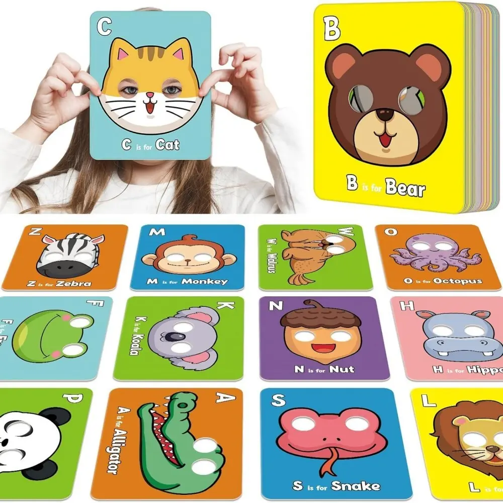 26 Animal Mask Alphabet Flash Cards - Interactive Letter Recognition Game with Uppercase & Lowercase, Double-Sided Giant Learning Cards, Flashcards Learning Alphabet, Fun Educational Activity for Home & Classroom