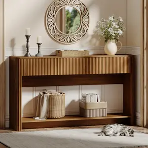 TOKSOM 47.2" Fluted Console Table for Entryway,Entryway Table with 3 Wooden Drawers,Farmhouse Behind Sofa Table for Living Room,Hallway,Couch,Foyer,Natural wood,Walnut