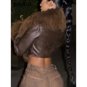 DOUCIU Classic Retro Matte Versatile Casual Trendy Street Style Women’s PU Leather and Fur Collar Patchwork Short Jacket