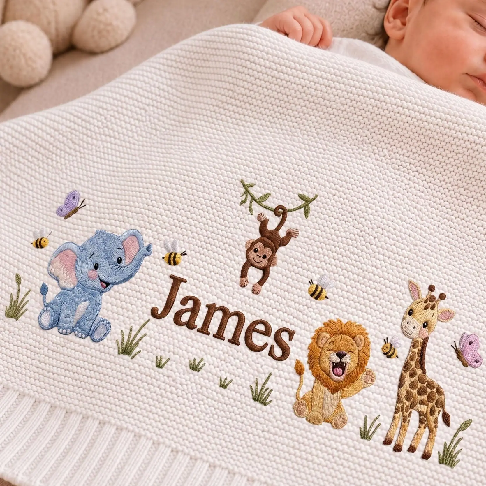 [Made-to-Order] Personalized Embroidered Lion Baby Blanket Name - Custom Name Knit Giraffe Safari Newborn Gift, Gift for Boy, Welcome Baby Blanket
