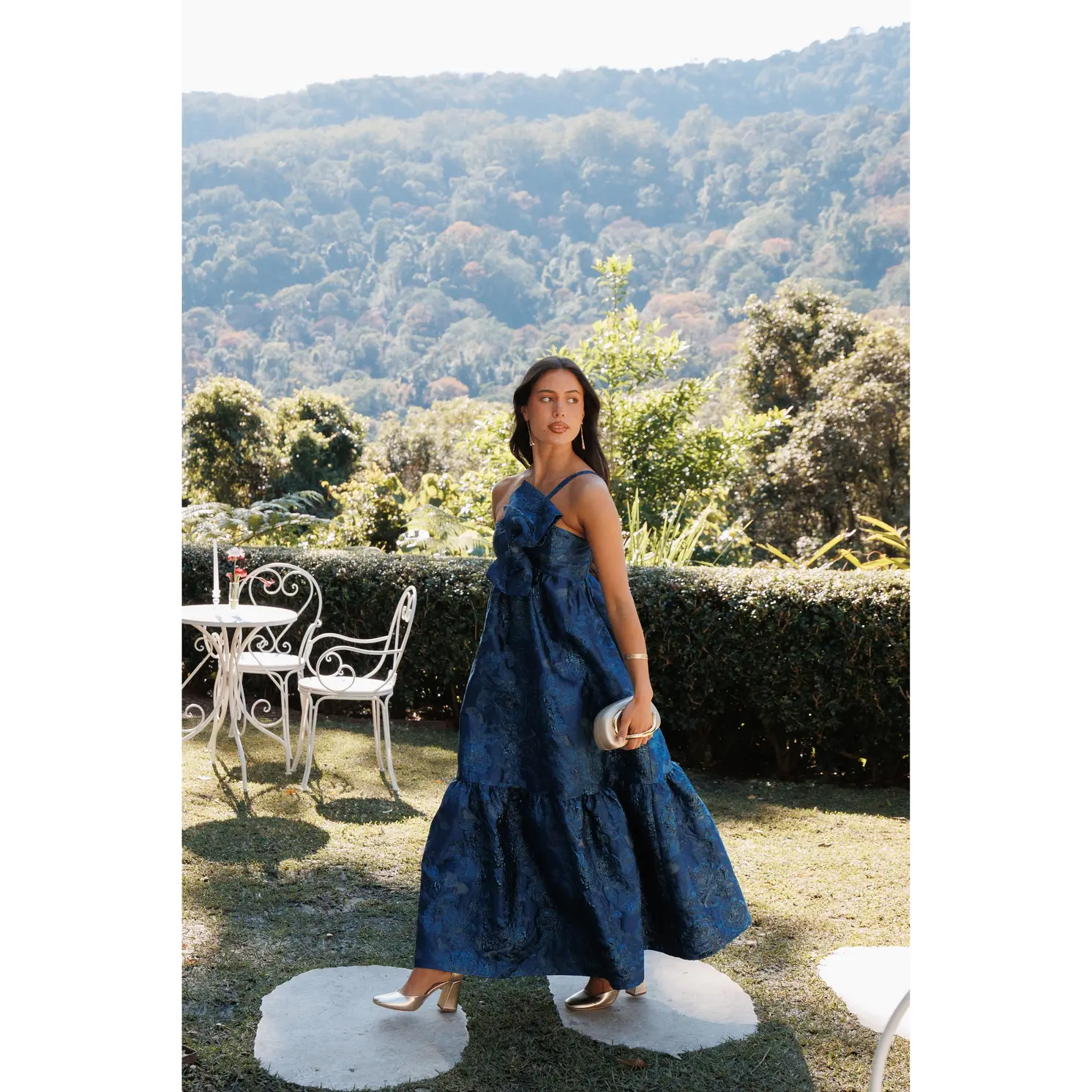 Betina Bow Front Maxi Dress - Blue Brocade Betina Bow Front Maxi Dress - Blue Brocade