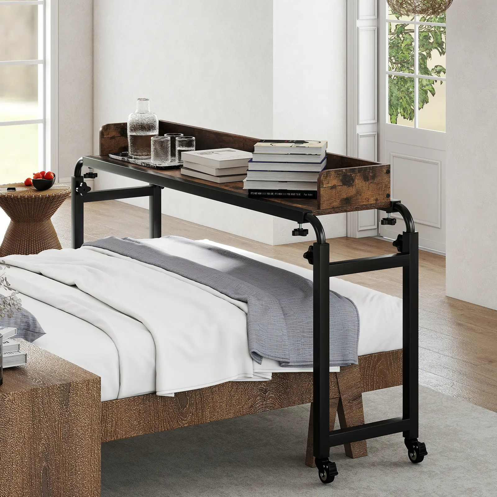 COSTWAY - Overbed Desk with Wheels Queen Size Mobile Bed Desk with Adjustable Height-Brown