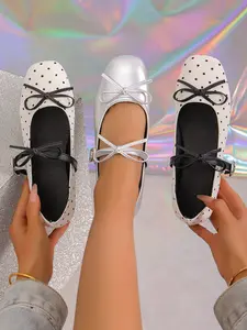 Women's Square Toe Mary Jane Shoes, Vintage French Style Slip-On Flats, Bowknot Design Flats, Comfortable Casual Office Wear, All Seasons Fashion Footwear, Classic Ballet Flats