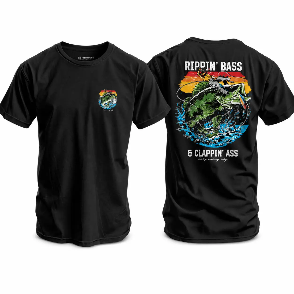 Men's Fishing Print Tee with Rippin' Bass & Clappin' Ass Graphic, 90s Aesthetic Shortsleeve Loose-fit Menswear