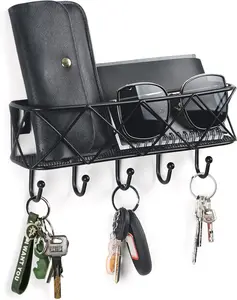 Key Holder for Wall Decorative, Entryway Key Hooks, Wall Mounted Key Rack with 5 Hooks, Metal Wire Mesh Basket Mail Holder, 9.8”Lx2.1”Wx4.1”H