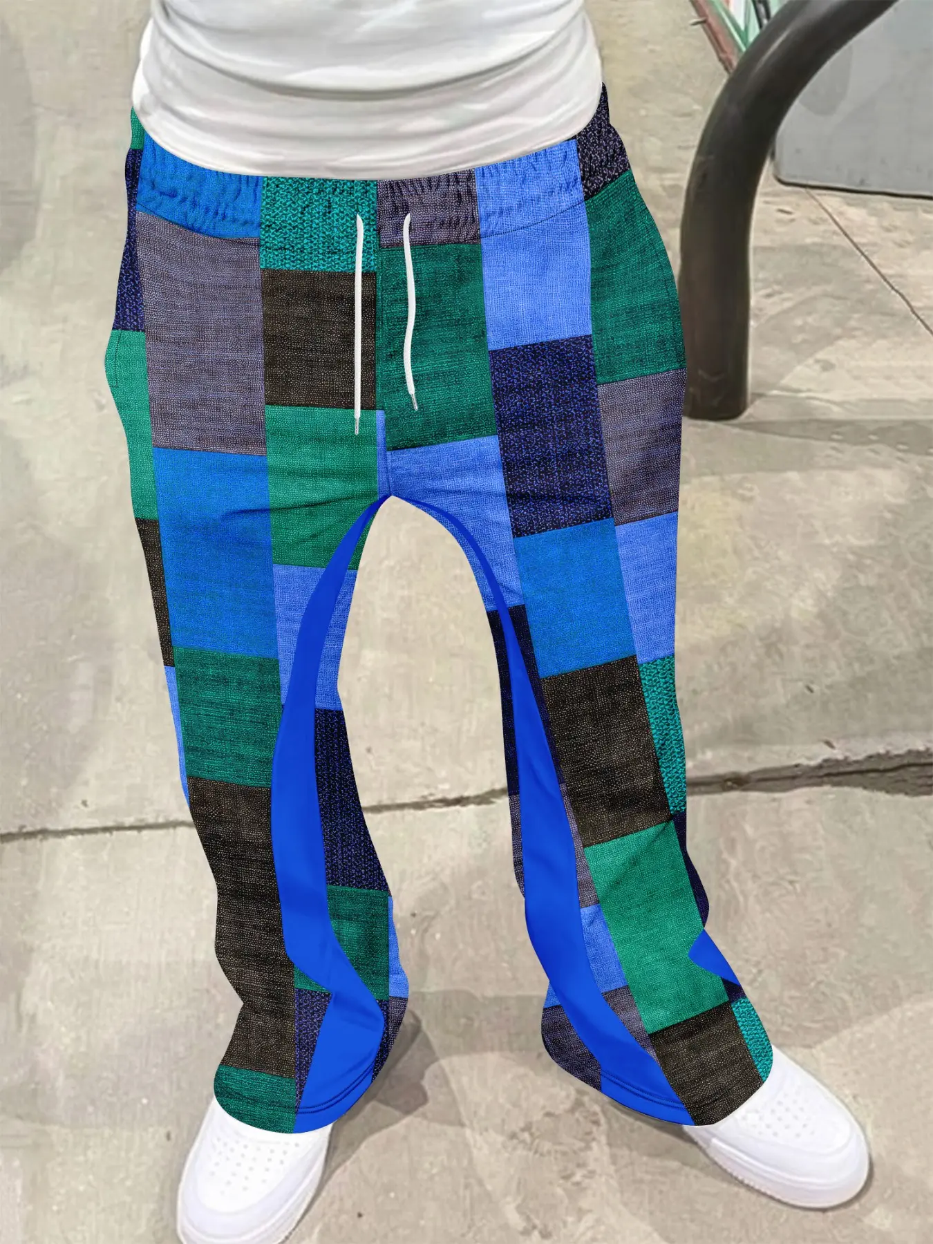 Men's Flared Trousers, All Seasons Trousers, Vintage Patchwork Plaid Print Straight Leg Casual Pants, American Classic Streetwear Style, Breathable Comfort, Trendy Fashion