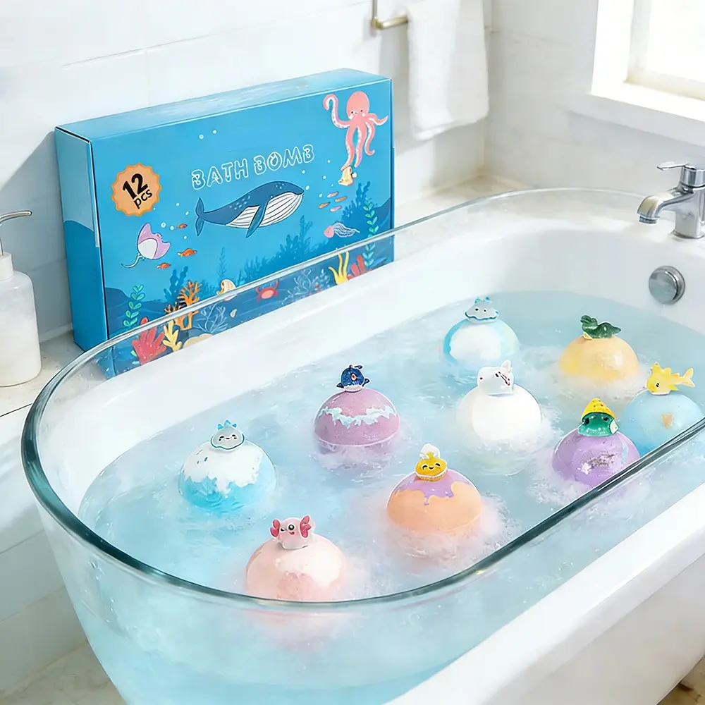 Ocean Toy Bath Salt Ball Set, 12 Bubble Bath Balls with Kids Bathtub Toys Gift Box, Fun Day Gift, Sea Salt Ingredients, Bath Bubble Maker