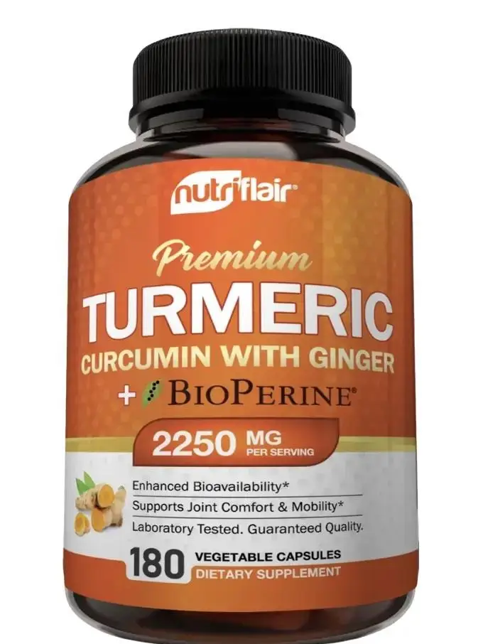 NutriFlair Turmeric Curcumin with Ginger + BioPerine Dietary Supplement, Anti-Inflammatory Joint & Immune Health Support, Dairy-Free - 180 Capsules