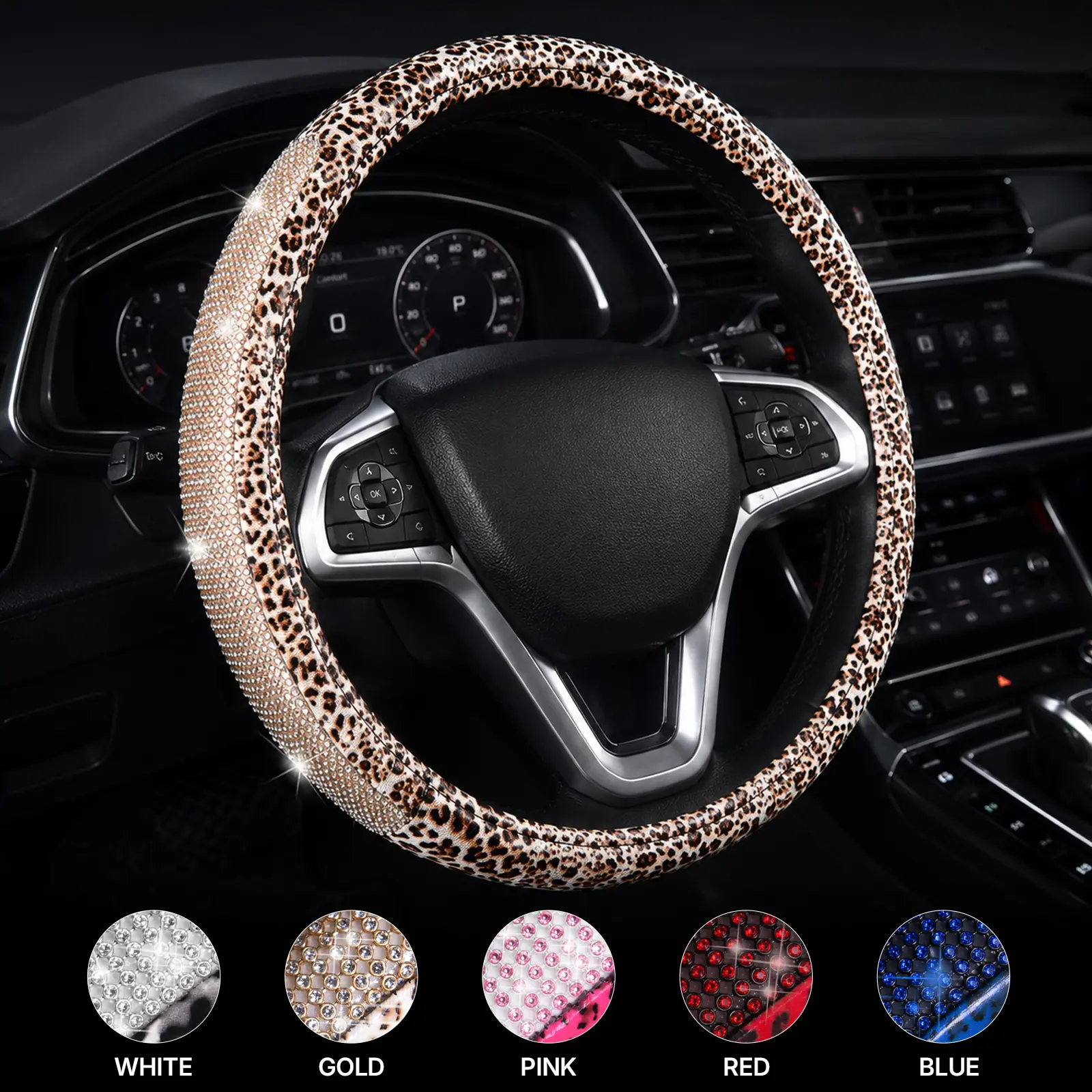 AUTOYOUTH Leopard Print Faux Leather Steering Wheel Cover with Diamond Bling Crystal Rhinestones, Non-Slip Breathable, Universal 14.5-15 inch for Truck SUV, Accessories for Women & Girls, Cool Car Stuff, Car Decor Gift, Car Interior Accessories