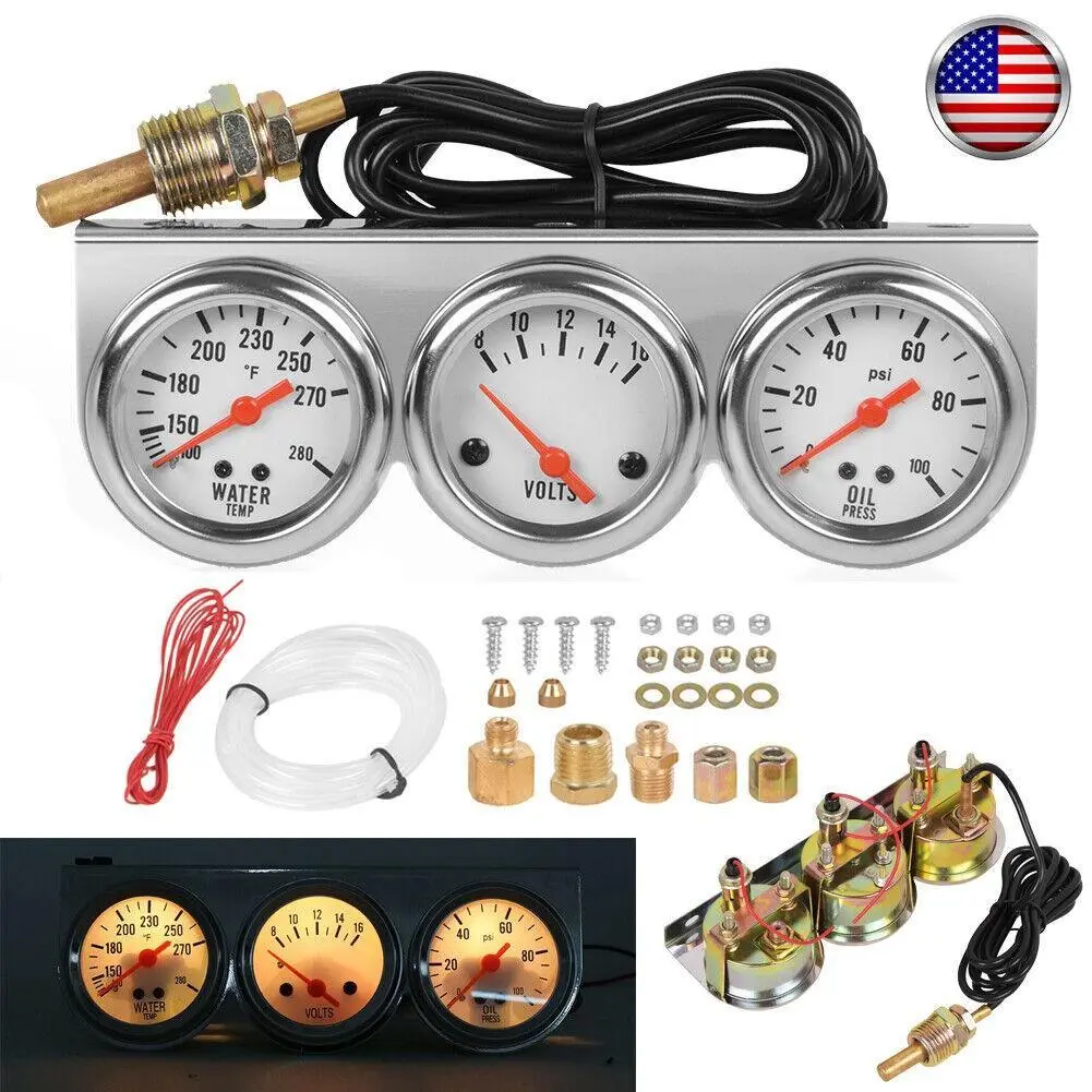 JDM Car Mods 3-in-1 Triple Gauge Set 52mm 2 Inch Volt Oil Pressure Water Temp Meter Chrome Metal White Face Universal 12V Dashboard Upgrade