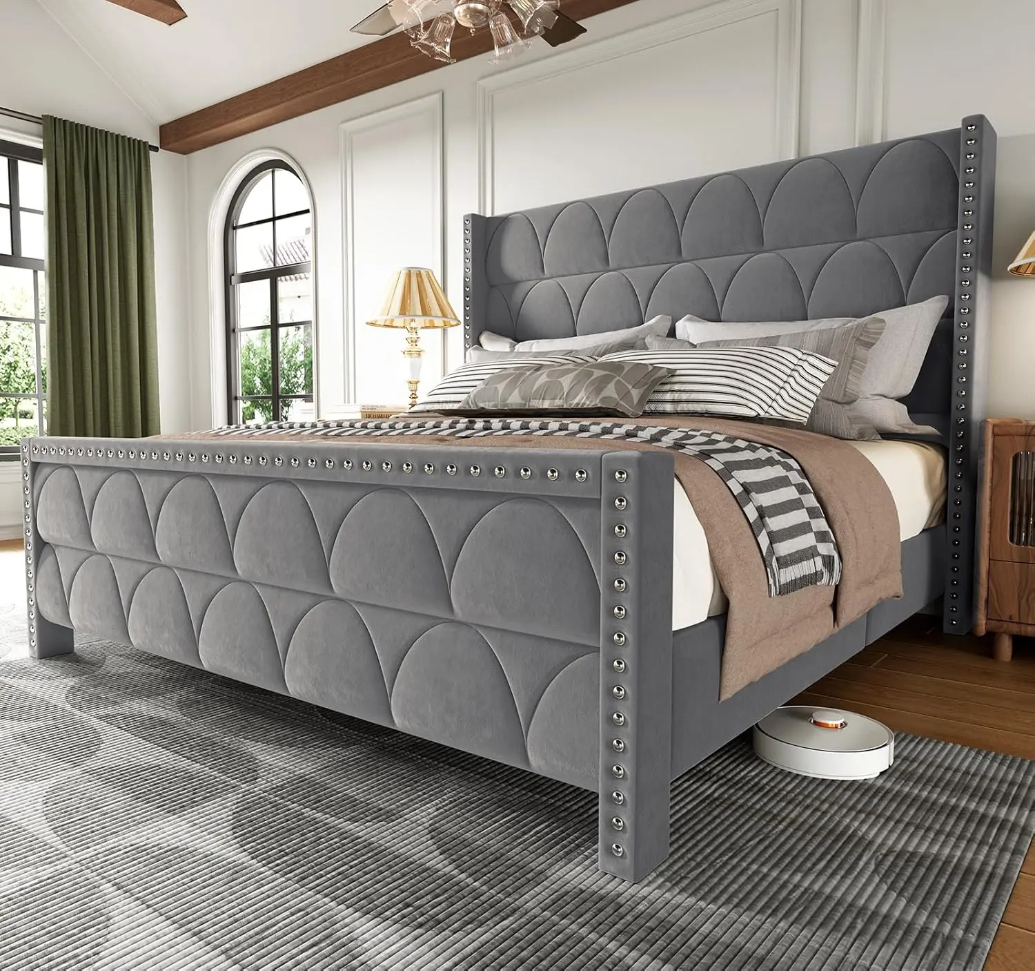 King Size Bed Frame, 56" Wingback Headboard, Velvet Upholstered, 1000LBS Capacity, Noise-Free Sturdy Wooden Slat Support Platform Bed, Velvet Upholstery, Platform Bed Design, Upholstered Panel Bed