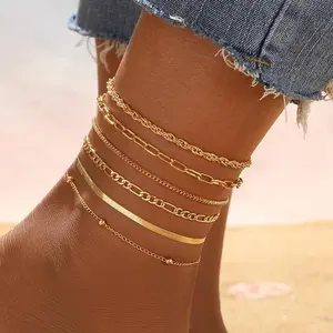 6PCS Waterproof Ankle Bracelets for Women - Thin Herringbone Box Paperclip Figaro Cuban Link Set, Dainty Gold Jewelry for Summer Beach & Valentine's Day Gifts