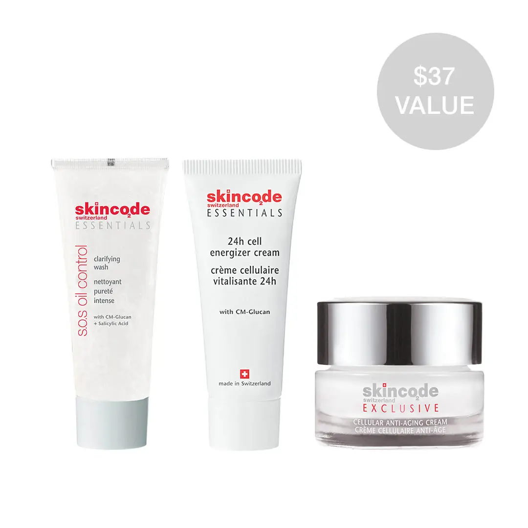 Skincode Travel Skincare Kit 55ML - S.O.S Oil Control Clarifying Wash(25ML) + 24h Cell Energizer Cream(15ML) + Exclusive Cellular Anti-aging Cream(15ML) - $37 Value