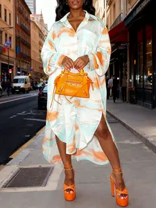 Women's Tie-Dye Printed Long Sleeve Collared Shirt Dress, Casual Fitted Woven Fabric, Spring & Fall Fashion, Loose Fit Split Design, Womenswear