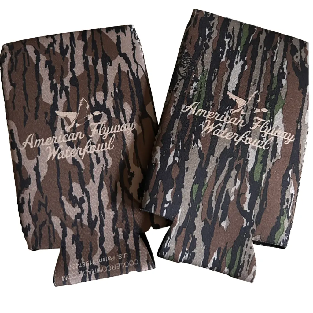 American Flyway Waterfowl AFW Logo Print Camouflage Sturdy Slim Fit Insulated Skinny Can Coozie - Collapsible, All Seasons Kitchenware for Hunters, Outdoor Tailgates Drinkware Accessory