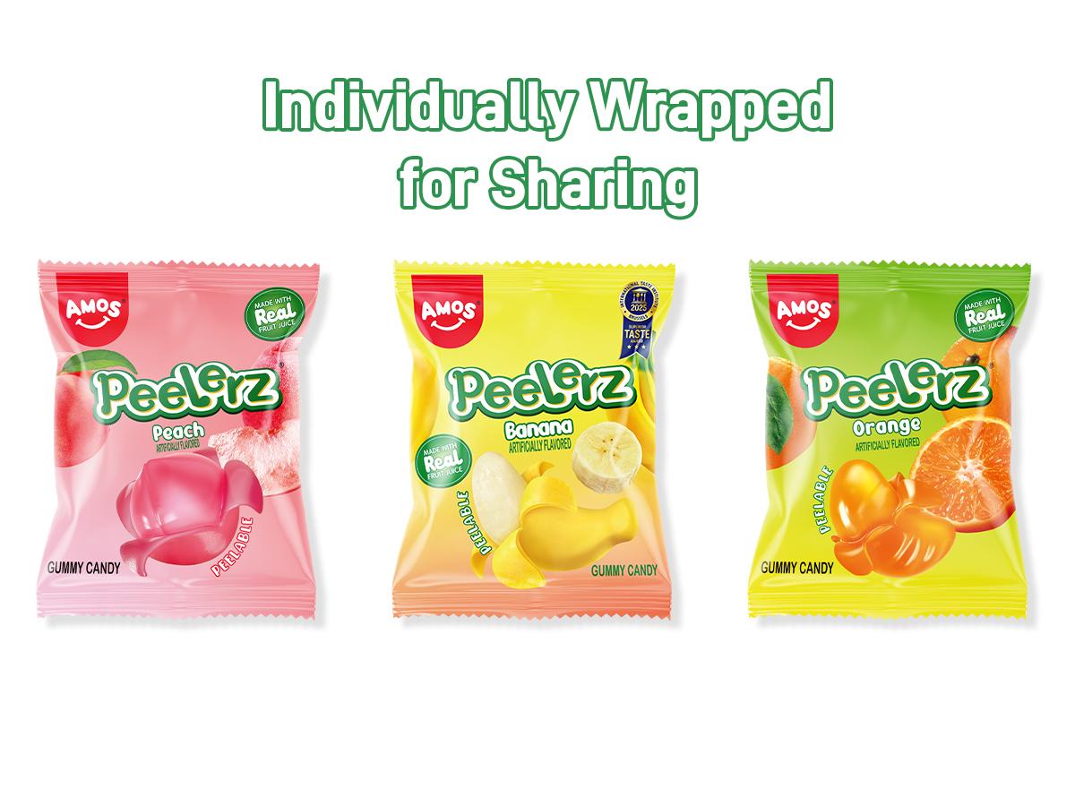 Amos Peelerz Assorted Peelable Gummy Variety Pack – Banana, Orange & Peach | 24 Individually Wrapped Packs (608g) | Fun, Chewy, Shareable Treat