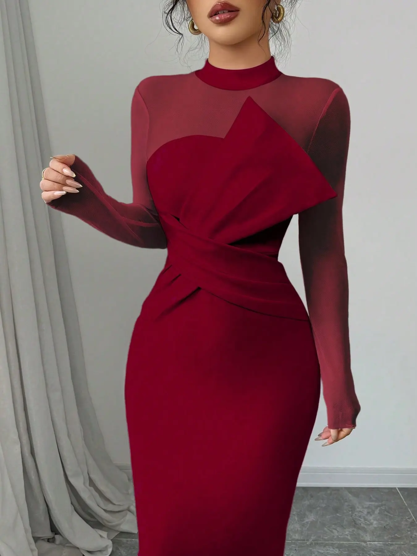 Elegance Mesh Patchwork Long Sleeve Dress Women, Elegant Chic Party Waist Cinched Split Hem Midi Gown, Tight Fit Wedding Guest Formal Dress
