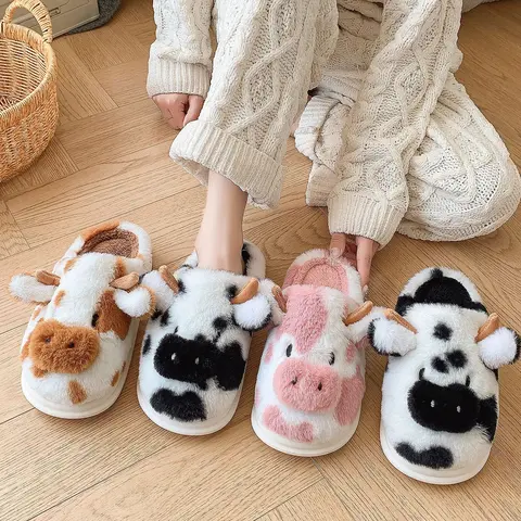 Cartoon Cow Slippers for Women Girls Cotton Animal Fuzzy Slippers Slip-On Cute Fluffy Cow Slides Boys Mens Warm Plush House Slippers for Winter