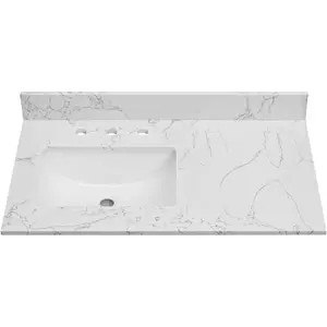 36 Inch Engineered Stone Bathroom Vanity Sink Top with Undermount Rectangular Left Side Sink Vanity Countertop with 8 inch Faucet Hole Spacing and Backsplash in Lightning White