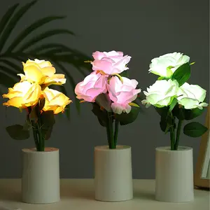 Rose Night Light Creative Fake Flower Bouquet Night Light Bedroom Bedside Lamp Ambience Lamp Home Decor Desktop Ornament (Battery Not Included)