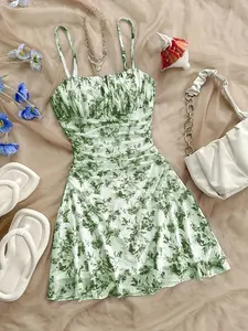 French Vintage Floral Halter Dress, Drawstring Waist Slimming, A-Line Short Dress, Summer Vacation Style, Sexy Girl Dress, Adjustable