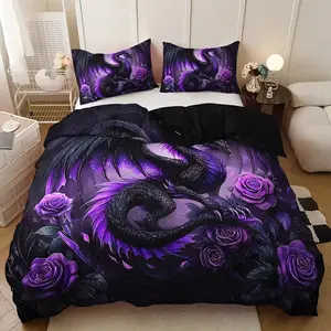 3pcs Dark Dragon & Rose (1 Fitted Sheet + 2 Pillowcases), High Definition Print, Gothic Style, All Seasons Home Dorm Use, Decorative Bedsheet Sets, Decorative Bedding Set