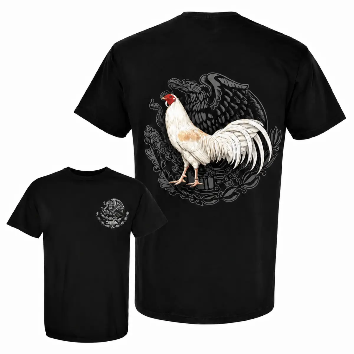 Mexican Eagle White Kelso Rooster T-Shirt, White Gamefowl Graphic Tee, Fighting Cock Shirt, Mexico Heritage Farm Life Apparel, Poultry Breeder Gift, Country Cotton Rooster T-Shirt