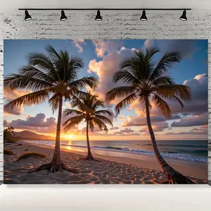 1PC,2D Flat Tropical Beach Sunset Coconut Tree Backdrop, Hawaiian - style Sandy Beach Seaview Photo Curtain, Photography Live - stream Decorative Background Cloth, Bedroom & Living Room Wall Hang
