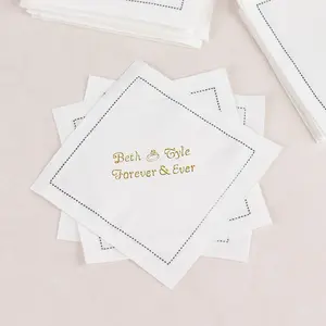 100 Pack Personalized White Cotton Cocktail Napkins with Black Hemstitched Border, Highly Absorbent Beverage Napkins With Small Emblem - 4.5"x4.5"