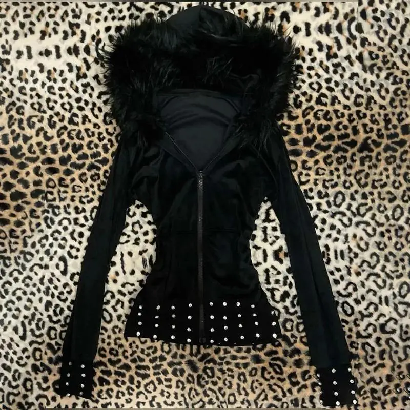Women's 2025 Gothic Aesthetic Autumn Winter Fur Collar Hoodie - Lady's Slim Chic Casual Cardigan Tops with 2000s Harajuku Vibes