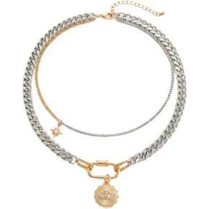 Mixed Metal Layered Necklace for Women – Trendy Two-Tone Gold & Silver Chain Link Statement Necklace, Chunky Waterproof & Hypoallergenic Jewelry Gift for Her