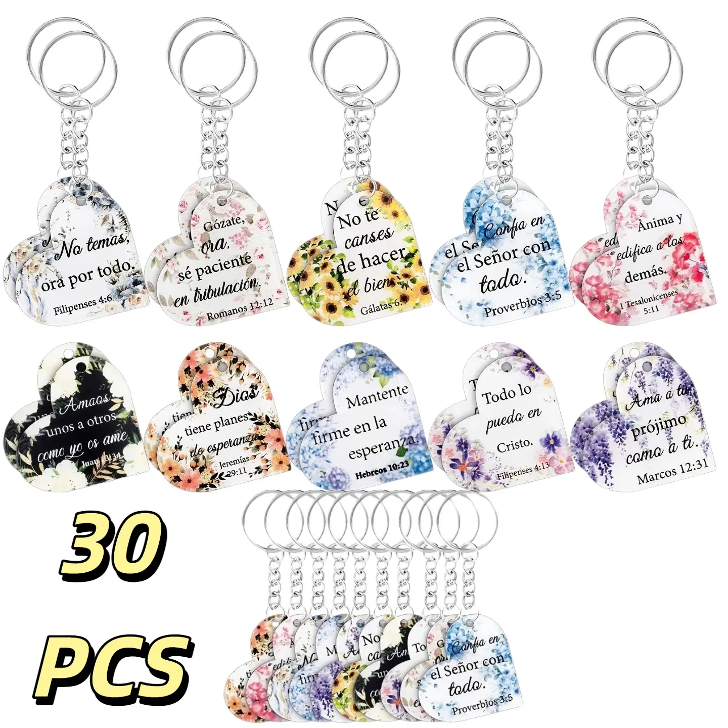 30pcs Spanish Christian Heart Keychains Set - Bible Verse Keychain Series, Matching Religious Key Tag Gifts with Inspirational Scripture for Daily Faith Reminder, Matching Keychain Set