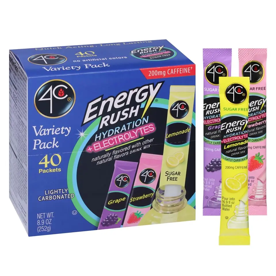 Energy Rush PSD with Electrolytes Variety Pack Stix, 40 ct (14 Lemonade, 12 Strawberry/14 Grape) Visit the 4C Store
