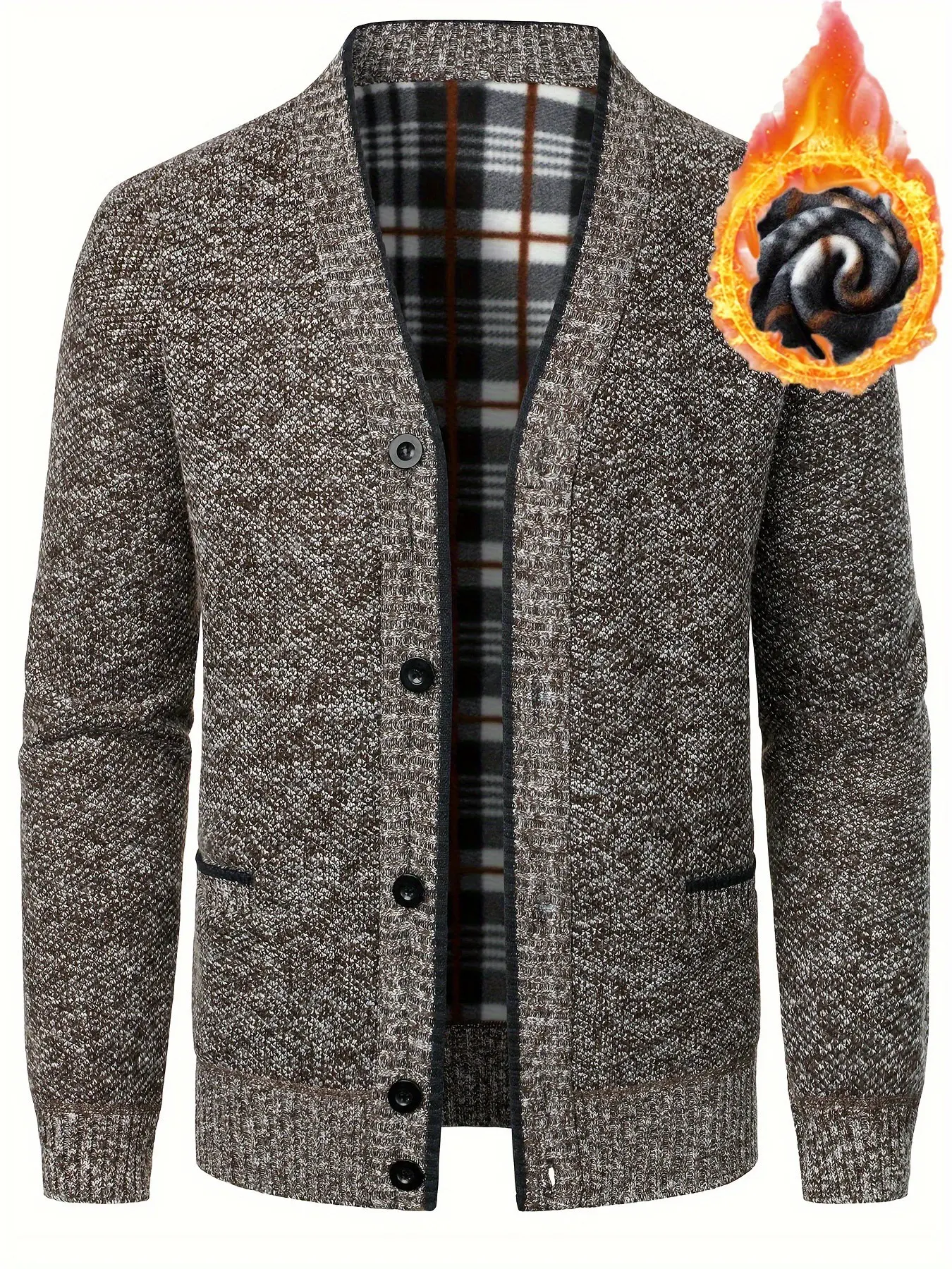 Men's Fall Winter Fleece Lined Thick V-Neck Cardigan, Classic Simple Single Button Front, Practical Pockets, Long Sleeve Casual Sweater Jacket