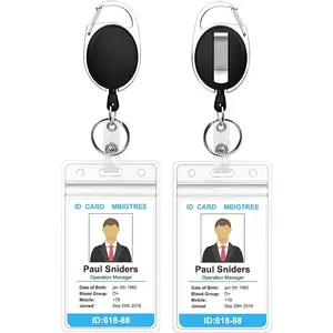 Pack of 2 Retractable Clear ID Badge Holders with Carabiner Clips for Work and Personal Use Dual