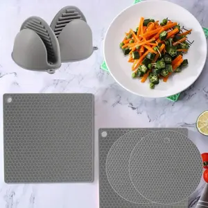 4 Premium Multi-Function Silicone Trivet, Heat Resistant Pot Holder Square and Round Mats, 2pcs Non-Slip Mini Oven Gloves, Kitchen Insulation Pads for Hot Pots,Draining Mat, Food Grade BPA-Free