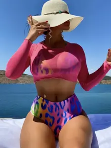 Three-Piece Set Women's All Over Print Tie Back Bikinis for Summer 2024, Chic Long Sleeve Crop Cover Up Tee & Triangle Swim Bra & Swim Panty, Ladies Swimsuit, Bikini Swim Top