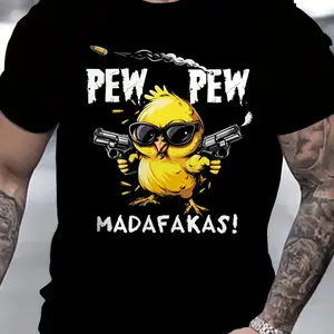 Men's Funny Shooting Chick Graphic T-Shirt - PEW PEW Print Black Tee with Yellow Gun Chick - Lightweight Breathable Fabric for Casual Summer Outfits, Parties & Casual Attire - Machine Washable Streetwear Top