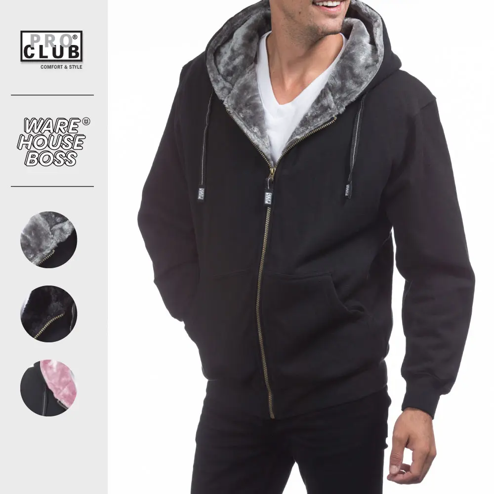 PROCLUB Men's Heavyweight Pile Jacket PRO CLUB Full Zipper Hoodie Casual Fur Jackets Relaxed Fit Warm Full Zip Jackets Hip Hop Harem