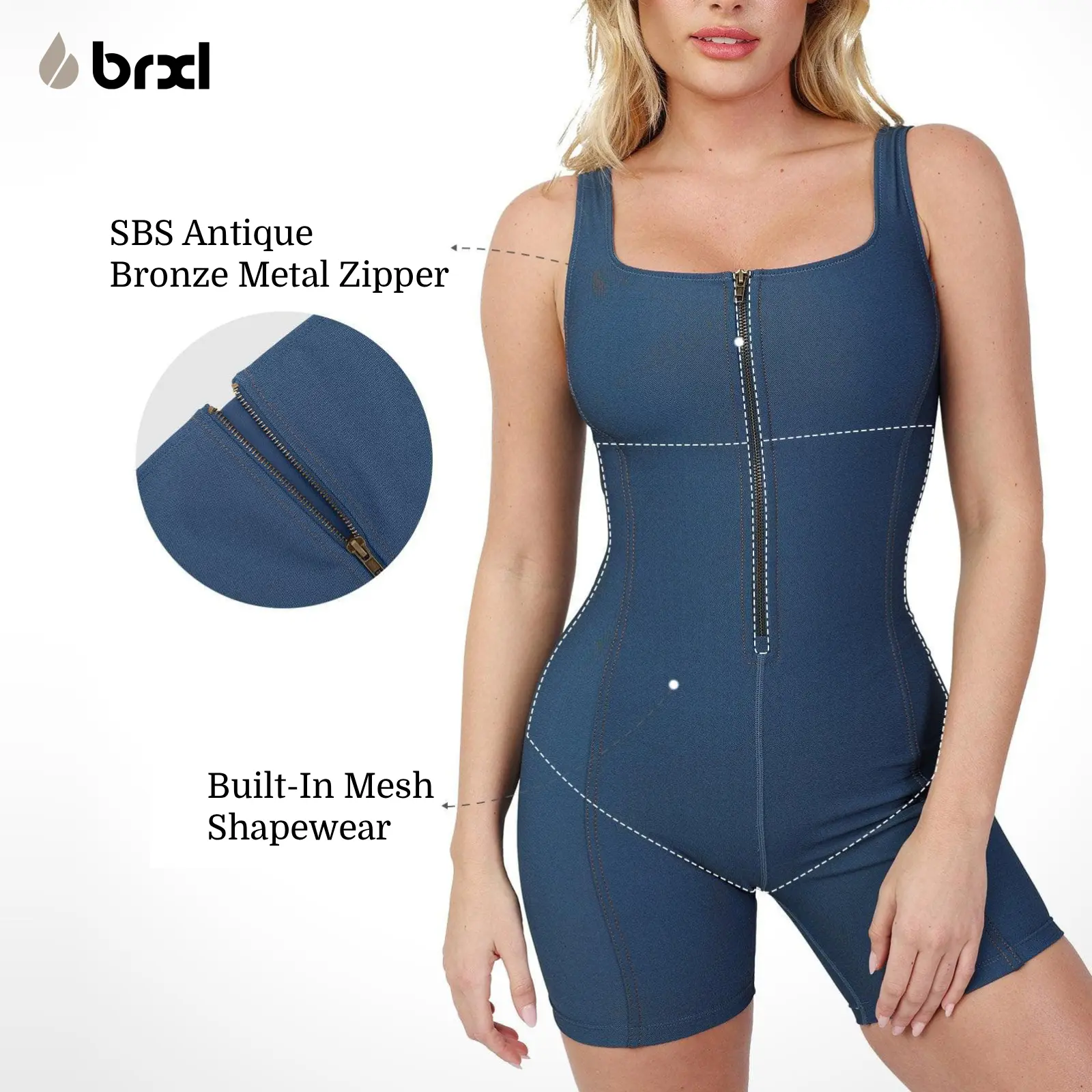 BRXL Denim Jumpsuit for Women with Built-in Shapewear, Sporty Sleeveless Overalls with a Square Neck and Tummy Control, Denim Jumpsuit With A Polished Edge, Sporty Denim For Workouts And Brunch